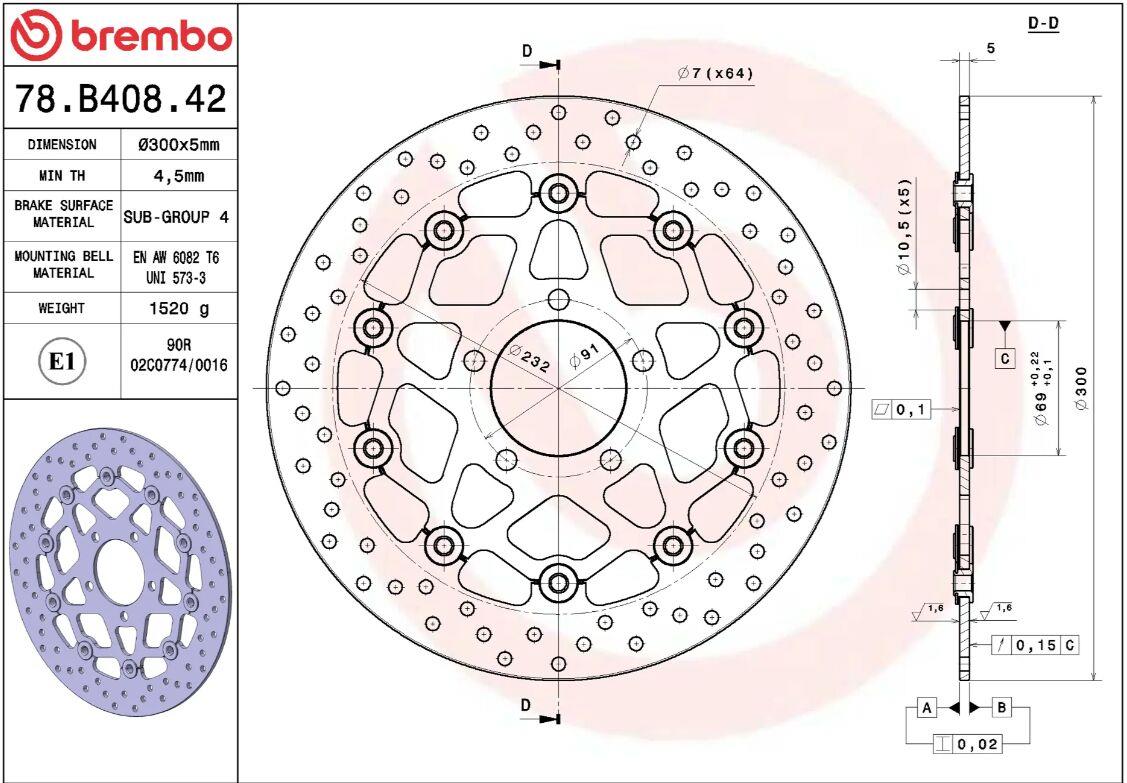 BREMBO BRAKE ROTOR FLOATING SERIES ORO PRIME LINE FR/RR 78B40842