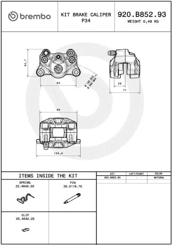BREMBO P2.34 REAR BRAKE CALIPER REAR ALU 920B85293