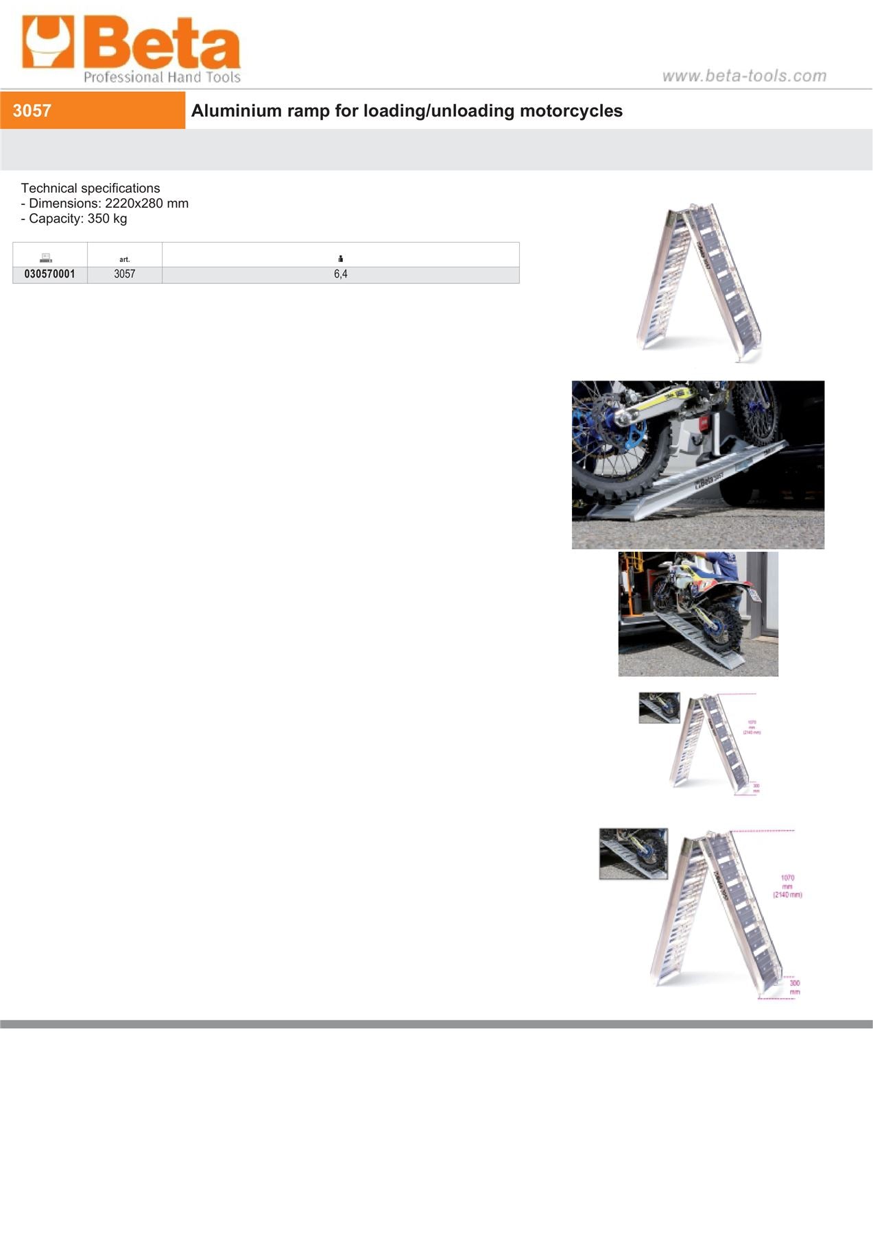 Aluminum Ramp for Loading/Unloading Motorcycles 2220x280mm 350kg Capacity - Beta Tools 3057