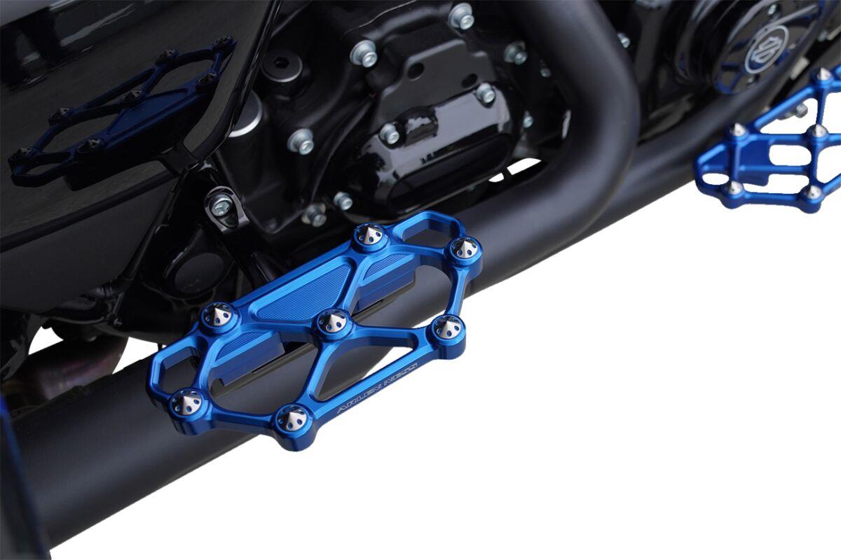 Arlen Ness Diamond Floorboards Blue Anodized Passenger CNC Machined Pair 410-060